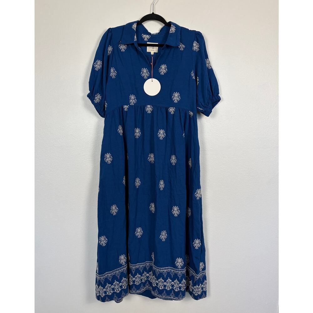 NWT Umgee Short Sleeve Blouson Printed Blue White Collared Maxi Dress Small